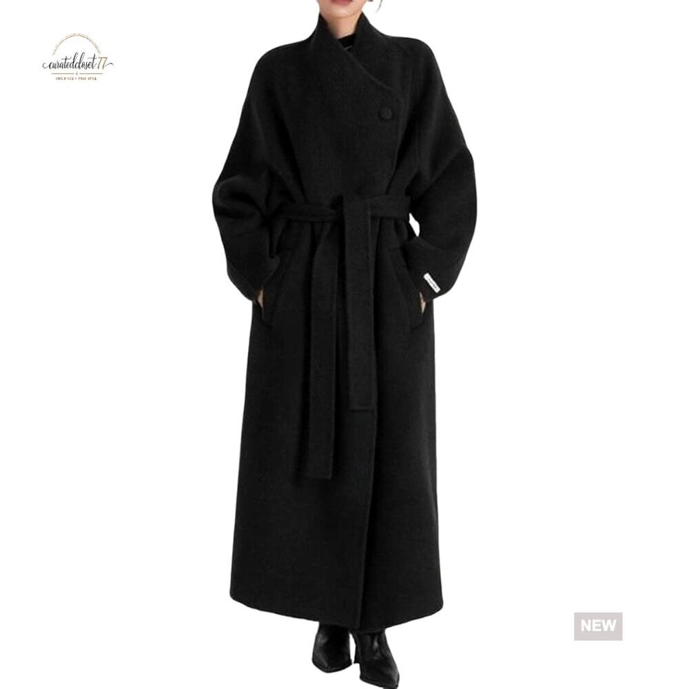 Oversized Wool Blend Trench Coat with Belt, Long Sleeve, Fall Winter